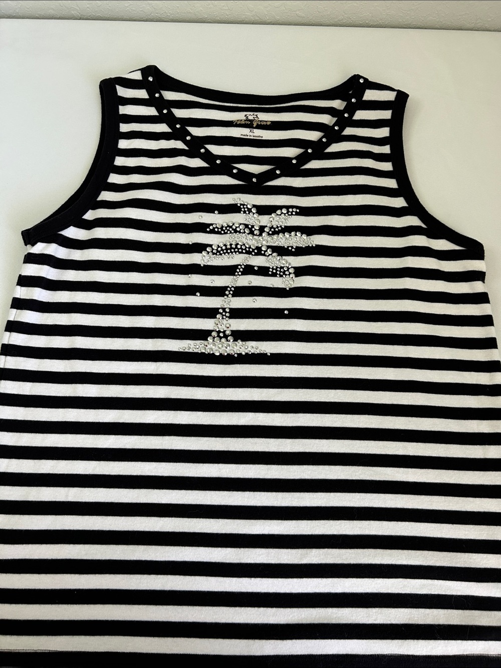 Palm Grove XL Coastal Resort Tank Rhinestone Palm Tree Black White Stripes